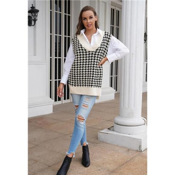 Beige Oversized Houndstooth Printed Knit Sweater Vest V Neck Sleeveless Sweater - Picture 3 of 7